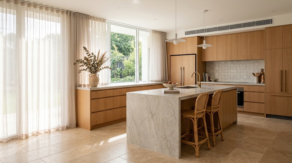 Warm White Oak Flat-Panel Cabinetry in Organic Modern Kitchen